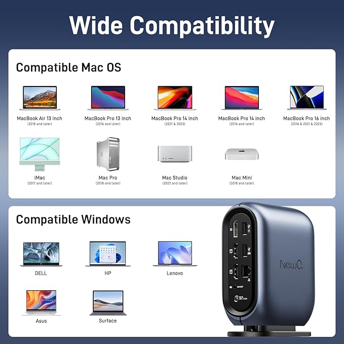 Triple Display Docking Station with 150W Power Adapter for Windows and MacBooks, Equipped with Multiple High-Speed Ports