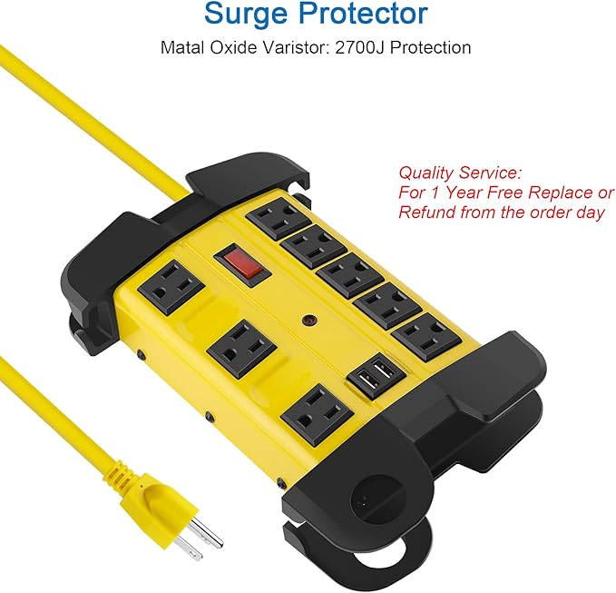 CCCEI Heavy Duty Power Strip with USB, Workshop 8 Outlet Surge Protector 2700 Joules, Industrial Metal 15Amp Power Strip, 20 FT Extension Cord and Wide Spaced Yellow.