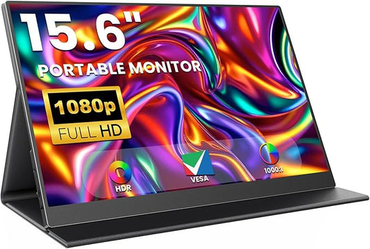 15.6 Inch Portable Computer Monitor, Portable Monitor for Laptop,PC,MacBook,Phone, PS4, 1080P FHD Display with HDMI USB-C, Built-in Speaker with Leather Case, Travel Work Home Gaming Monitors