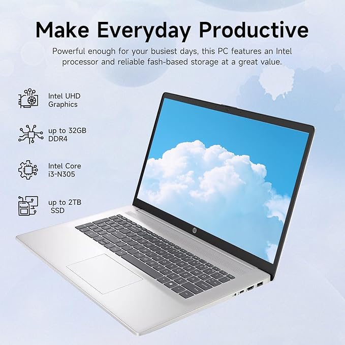 HP High-Performance 17.3" Laptop, 17.3" HD+ Touchscreen, 8-Cores Intel i3-N305, 16GB RAM, 128GB eMMC + 1TB PCIe SSD, Webcam, HDMI, Numeric Keypad, Wi-Fi 6, Windows 11 Pro, Silver