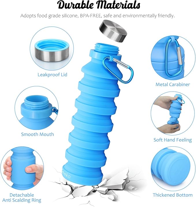 Nefeeko Collapsible Water Bottle, Reuseable BPA Free Silicone Foldable Water Bottles for Travel Gym Camping Hiking, Portable Leak Proof Sports Water Bottle with Carabiner