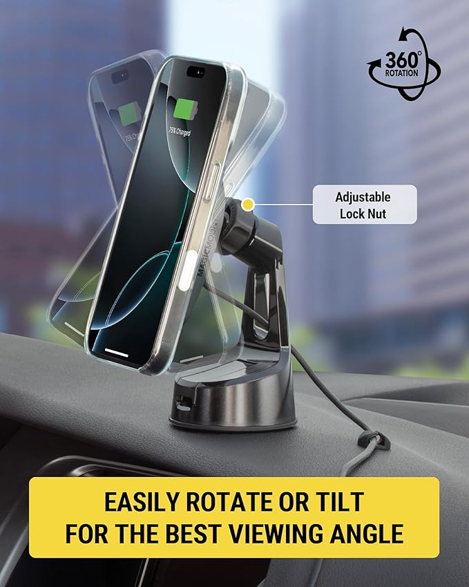 Scosche MPQMWD Charge Pro Qi2 MagSafe Charger Car Mount, 15W Fast Magnetic Wireless Charging Suction Cup Phone Holder for Dashboard/Windshield Compatible with iPhone 16/15/14/13/12 Pro Max Plus, S25