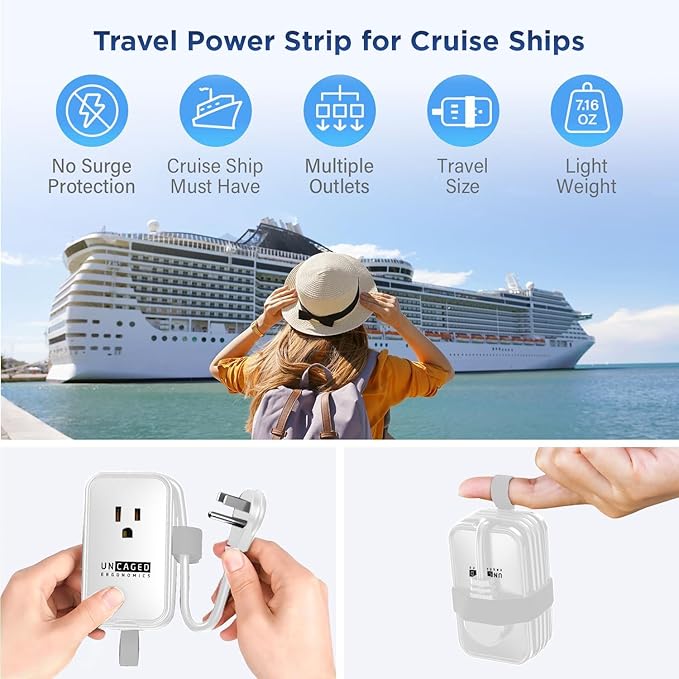 Travel Charger for Multiple Devices, Flat Plug Power Strip 3ft Adapter Extension Cord, 3 AC Outlets, 2 USB & 1 Fast Charging USB-C, No Surge Cruise Approved, Portable Power Strip