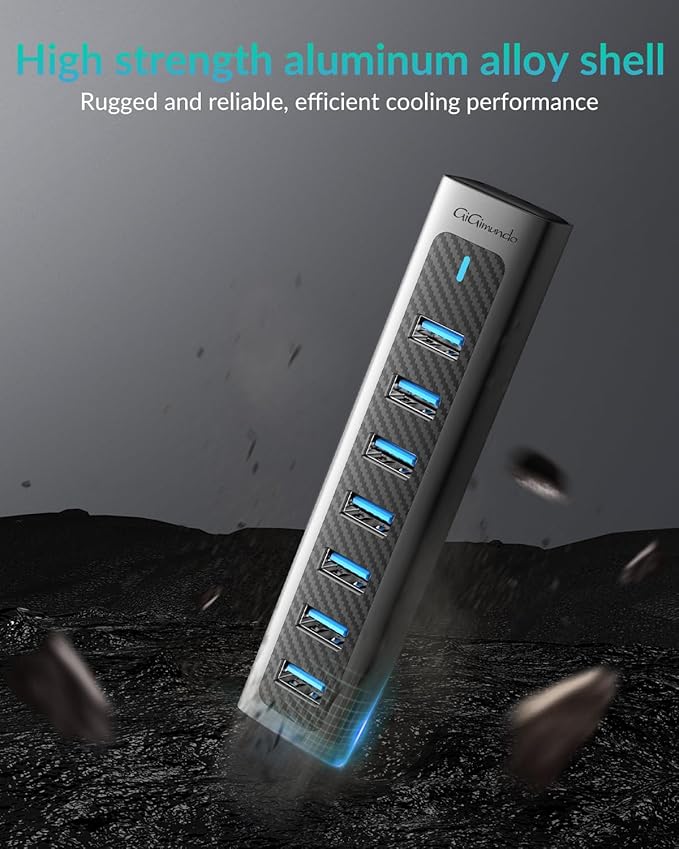 GM7U 7-Port USB 3.0 Hub with 3.3FT Long Cable, Aluminum High-Speed Multi Port Extender for PC Laptop, Desktop Computer, Older Mac, Black Grey