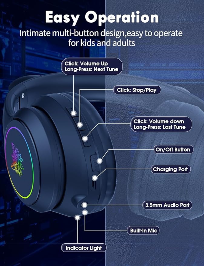 Cat Ear Bluetooth Headphones for Kids & Adults, 55H Play Time, Wireless Foldable & Wired Multi-Function LED Light Up Over Ear Headphones with Mic and Volume Control for iPhone/iPad/Laptop/PC