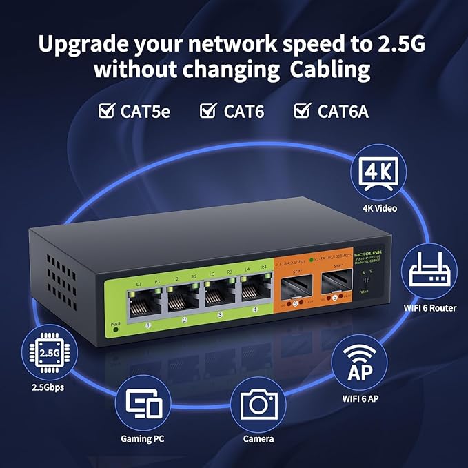 6 Port 2.5Gb Network Switch, 4x2.5G RJ45, 2x10G SFP+, Muti-gigabit, Unmanaged, Metal Case, 60G Bandwidth, Fanless, Compatible with 2.5gbe NAS, PC, AP