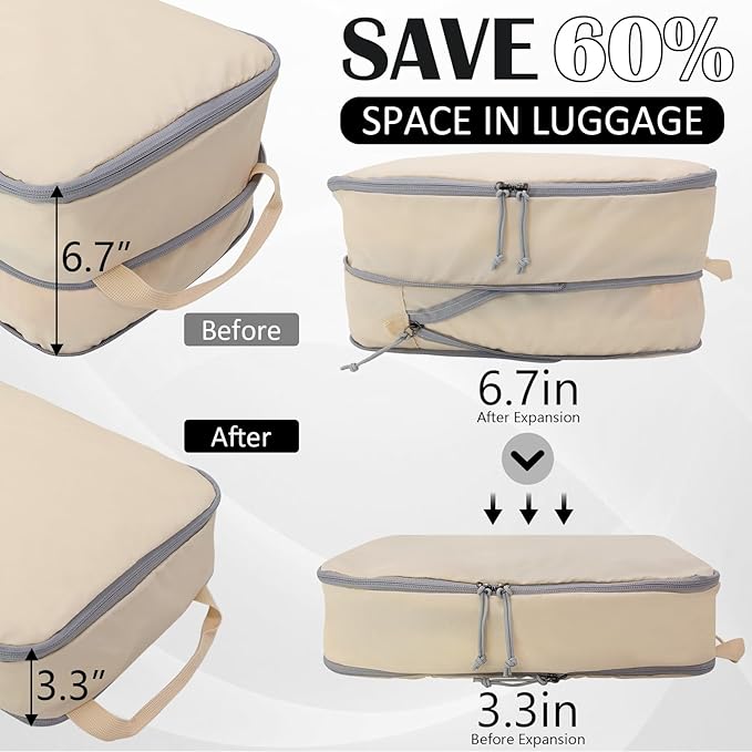 Large Compression Packing Cubes for Travel, 2 Set Compression Bags Travel Cubes for Packing Suitcase Luggage Organizer, Beige