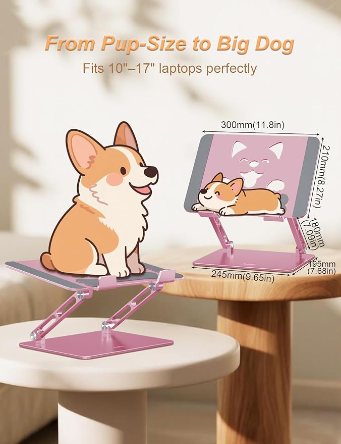 Laptop Stand for Desk – Adjustable Portable Laptop Riser, Aluminum Laptop Holder Compatible with MacBook Air Pro, Dell, HP, Lenovo (10"-17.3"), Featuring Unique Puppy Panel Design, Rose Gold