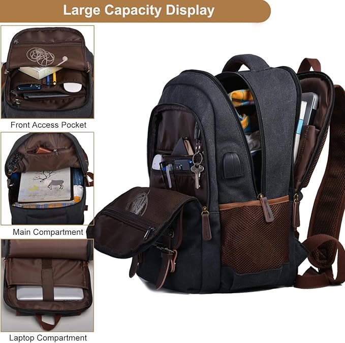 Mactso Canvas Travel Laptop Backpack for Men Women, Business Work Rucksack College School Computer Bag Fits 15.6 Inch Notebook,Bookbag with USB Charging Port (Black, 15.6 Inch)