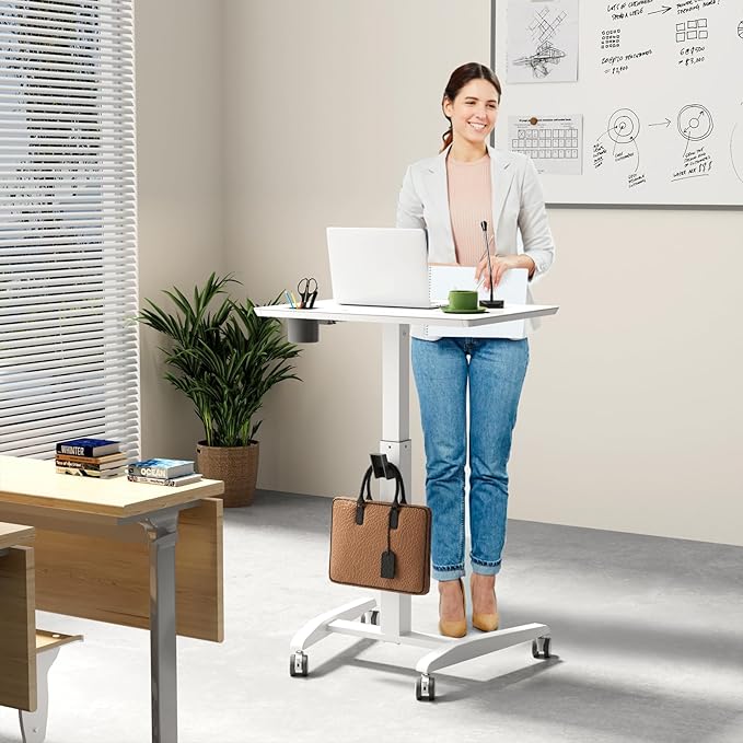 Glass Mobile Standing Desk, Height Adjustable Rolling Laptop Table, 27 inches Portable Sit Stand Desk with Wheels and Hook, Pneumatic Computer Workstation, White