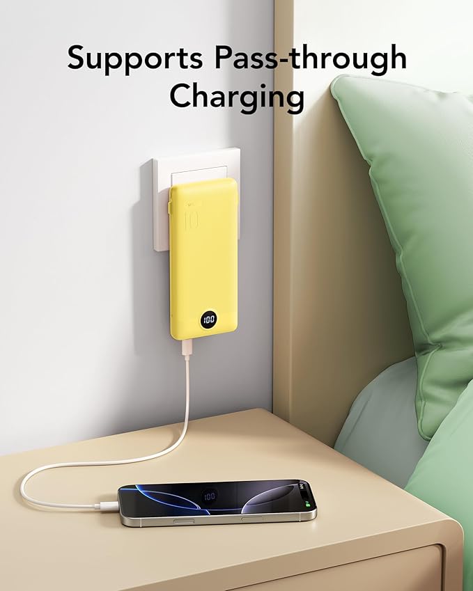 VRURC Portable Charger with Wall Plug, 10000mAh Slim Portable Charger Built in Cables,PD 20W Fast Charging Power Bank with Cords,USB C Portable Phone Charger Travel Accessories -Yellow(1 Pack)
