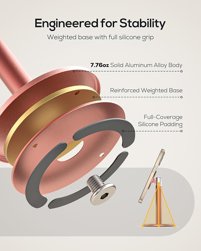 Nulaxy Magnetic Full Aluminum Phone Stand, 360 Rotating Cell Phone Stand for Desk with Metal Ring, Adjustable Phone Holder Compatible with Phone 17 16 15 14 Pro Max and MagSafe Case, Pink