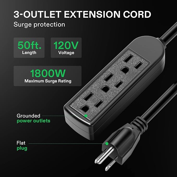 VIVOSUN 50 ft Extension Cord, 3-Outlet Power Strip with 1800W Surge Protection, 15A 14 AWG, Flat Heavy Duty Extender for Indoor Outdoor Use, Garden Home Office, Black