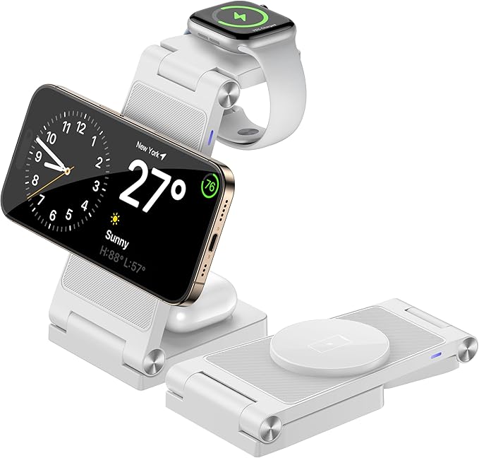 Magnetic Wireless Charger Stand, 3 in 1 Foldable Wireless Charging Station with 20W Adapter, Travel Charger for Multiple Devices for iPhone 17 16 15 14 13 12 Pro/Max/Plus/Mini, iWatch, AirPods