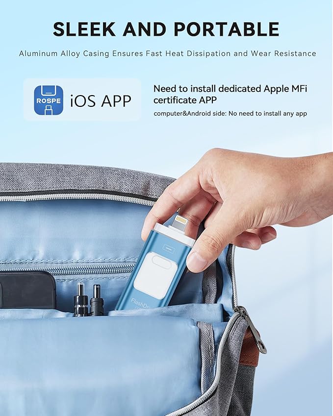 Apple MFi Certified 256GB Flash Drive for iPhone Thumb Drive Photo Stick, USB Memory Stick iPhone Flash Drive for Photos Videos, High Speed Jump Drive Compatible for iPhone/iPad/Android/PC (Blue)