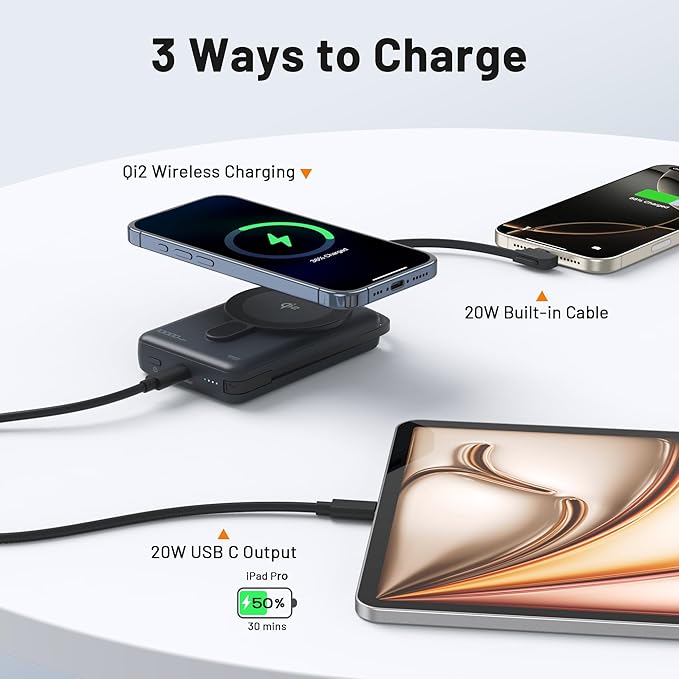 Magnetic Portable Charger 10,000mAh Qi2 Certified 15W Fast Charging Wireless Power Bank, Magsafe Battery Pack with Foldable Stand, PD20W USB C Built in Cable, for iPhone 16/15/14/13/12 Series