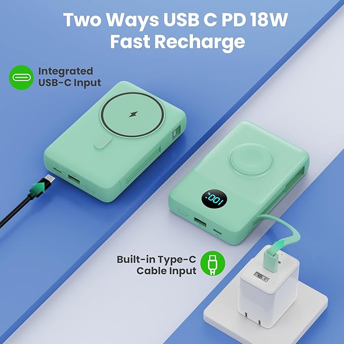 Magnetic Portable Charger for iPhone with Built-in Cables, 6-in-1 10800mAh Power Bank with iWatch Charger & LCD Display,25W Fast Charging Battery Pack for iPhone 16/15/14/13/12,Apple Watch (Green)