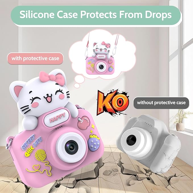 Kids Camera for Girls Age 3-8, Selfie Digital Camera for Kids, Children Toddler Camera for Chritmas Birthday Festival Gifts with Cute Protective Cat Case & 16GB TF Card, Pink