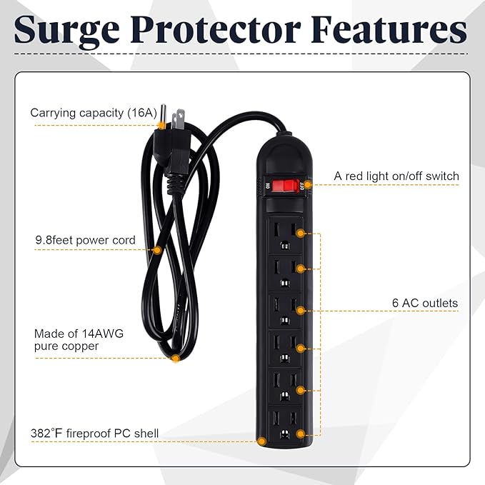 Hoteam 10 Pcs Power Strip Bulk 6 Outlet Surge Protector Power Cord Electrical Extension Cord with Switch Low Profile Plug Flat for Home Office(9.8 ft,Black)