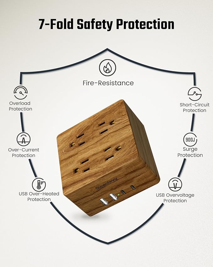 USB Power Strip Surge Protector - SUPERDANNY Desktop Extension Cord with 4 Widely Spaced Outlets & 4 Smart USB Ports, Portable Charging Station for Home, Office, Hotel, Dorm, RV, Faux Walnut Grain