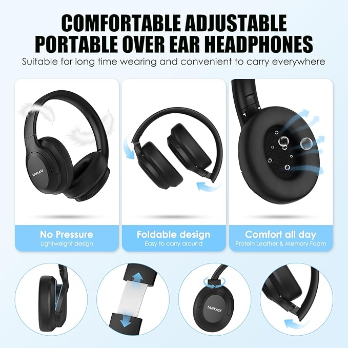 Active Noise Cancelling Headphones, Wireless Over Ear Bluetooth Headphones,100H Play Time Bluetooth Headphone with Microphone,Lightweight and Foldable Comfortable Deep Bass for Work/Gym Black