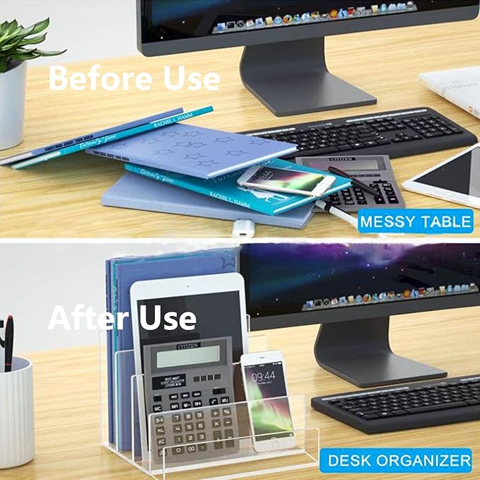 Acrylic Desk File Organizer 2 Pack, 4 Section Letter Organizer, Clear Folder Holder, Desktop File Holder for Document, Notebook and Newspaper, Clear Desk Storage Rack for Home and Office Use