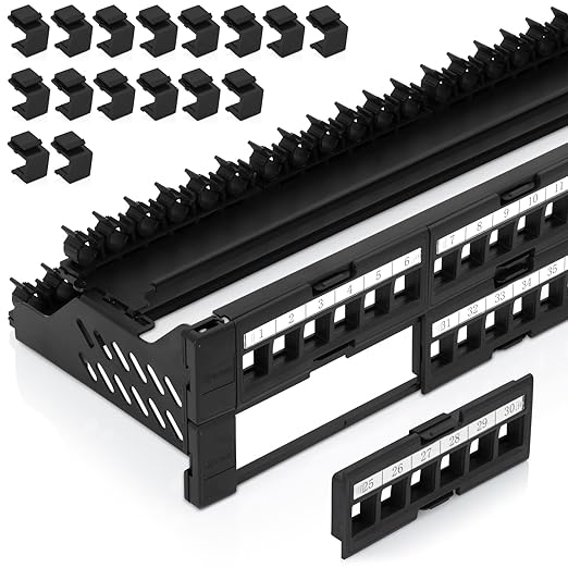 Everest 48 Port Keystone Patch Panel (4-Pack) - Removable 6-Port Panels - Use with Slim Profile Keystones ONLY (Wider Jacks May not fit Side by Side) - 16 Blank Keystone Jack Inserts Included