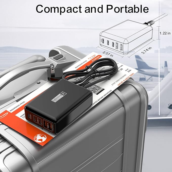 USB C Charger Block 100W, 5 Ports Charging Blocks Ultra Thin Flat Plug, USB Charging Hub with 360° Rotated Adhesive Punch-Free Holder, Charging Station for Laptops, Tablets, Cellphones Stuff