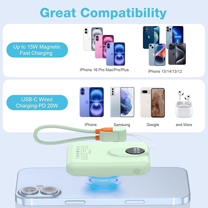 Small Magnetic Power Bank,5000mAh Mag-safe Battery Pack with 20W Fast Charging Detachable USB C&iOS cable,with LED Display,Slim Wireless Portable Charger for iPhone16/15/14/13/12 Series (Green)