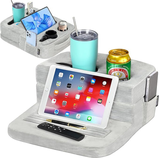 Couch Cup Holder Tray Pillow - Bed, Couch Caddy, Sofa, RV & Car - Holds Drinks, Snacks, Remotes, Phones, Kindle, Tablet | Bed Cup Holder (Grey)