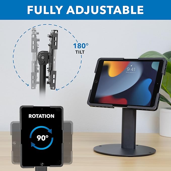 Mount-It! Universal Tablet Stand with Tilt, Anti-Theft Retail iPad POS Kiosk Stand, Fits Tablets from 9.7" to 13" Screen Size, 90° Rotation for Portrait and Horizontal Viewing, Durable Steel, Black