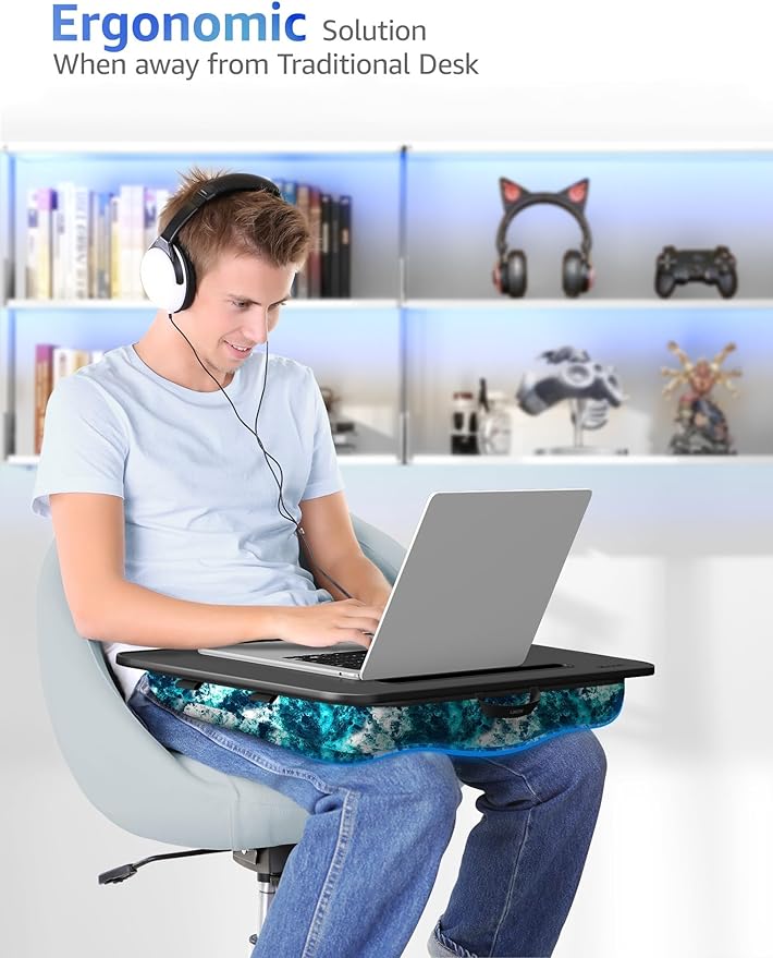 Lap Desk - Portable Laptop Stand & Stand, Fits Up to 17.3 in, Washable Cushion, Built-in Phone Holder & Mouse Pad - Gaming, Eating, Writing, Working on Bed, Couch,Floor - Large, Blue Wave（L.DOCTOR）