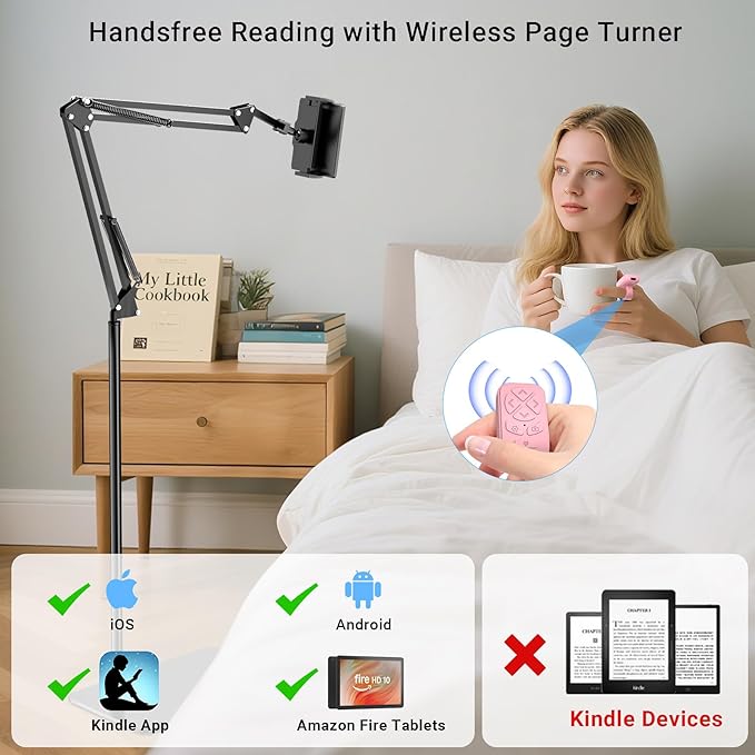 Floor Fire Tablet Stand for Reading in Bed with Page Turner Remote, Fire HD 8 9 10 Max Tablet Holder Accessories with Scrolling Ring Clicker Compatible with iPad iPhone Android Phones