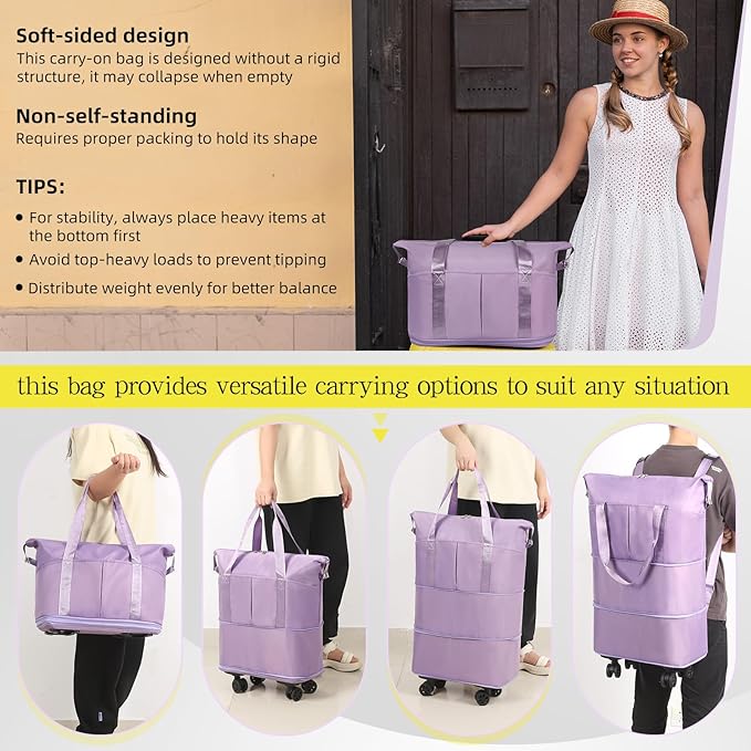 VOOWO Duffel Bag with Wheels - Rolling Foldable Expandable Duffle Bag with Wheels for Travel, Rolling Luggage Bag Carry On Travel Bag with Wheels, Large Wheeled Overnight Weekender Bag (Light Purple)