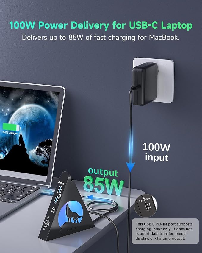 Vertical USB C Adapter Hub, 8-in-1 USBC HDMI Hub with 4K, 100W PD Pass-Through Charging, 5Gbps 3xUSB-A, USB-C 3.0, SD/TF Card Reader, RGB Wolf USB Hub Tower for MacBook, iPad, iPhone16, etc.