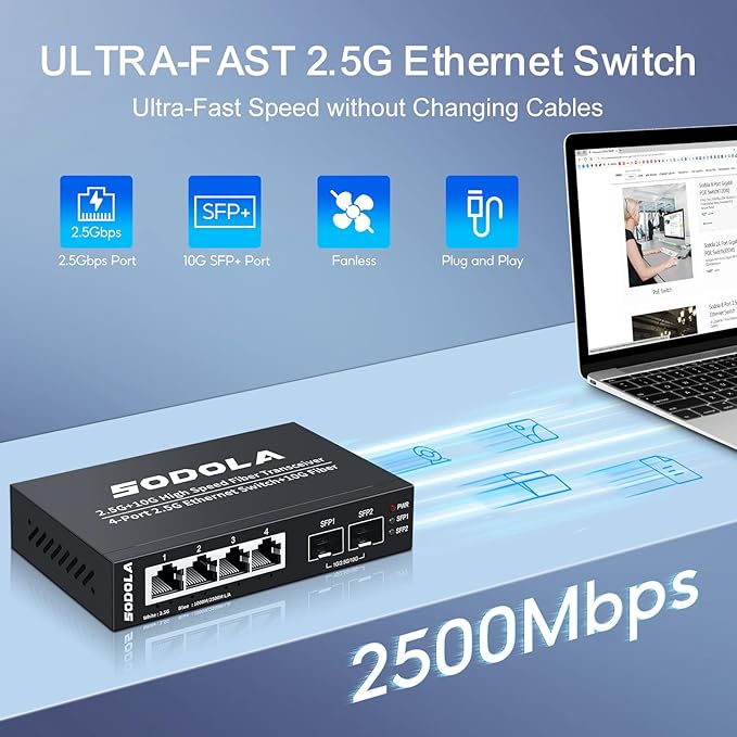 6 Port 2.5G Umanaged Ethernet Switch,4X 2.5GBASE-T Ports,2X 10G SFP, 60Gbps Switching Capacity,Mini Wall Mountable 2.5Gb Network Switch for Wireless AP, NAS, PC