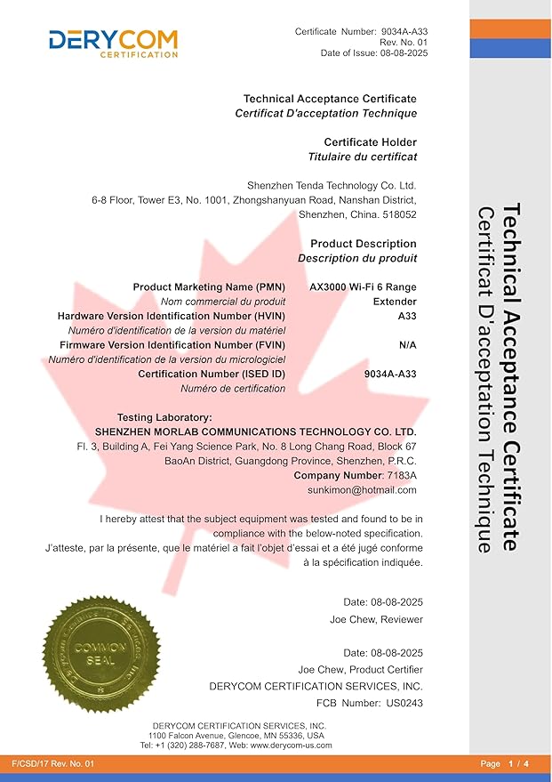 Tenda WiFi 6 Extender, AX3000 Dual Band WiFi Extender Signal Booster with Gigabit Ethernet Port, Home Internet Extender WiFi Booster, AP Mode, WPS Easy Setup(A33)