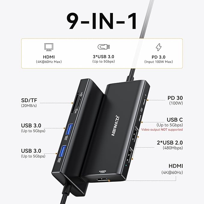Hub Multiport Adapter for MacBook Pro/Air, 9 in 1 Accessories Mac USB C Dongle Dock Adapter with HDMI, SD/TF Card Reader, USB C Port, PD 100W and 4 USB for Dell XPS, Lenovo HP Laptops