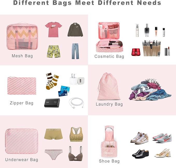 BAGAIL 8 Set Packing Cubes Luggage Packing Organizers for Travel Accessories-White and Pink Stripe