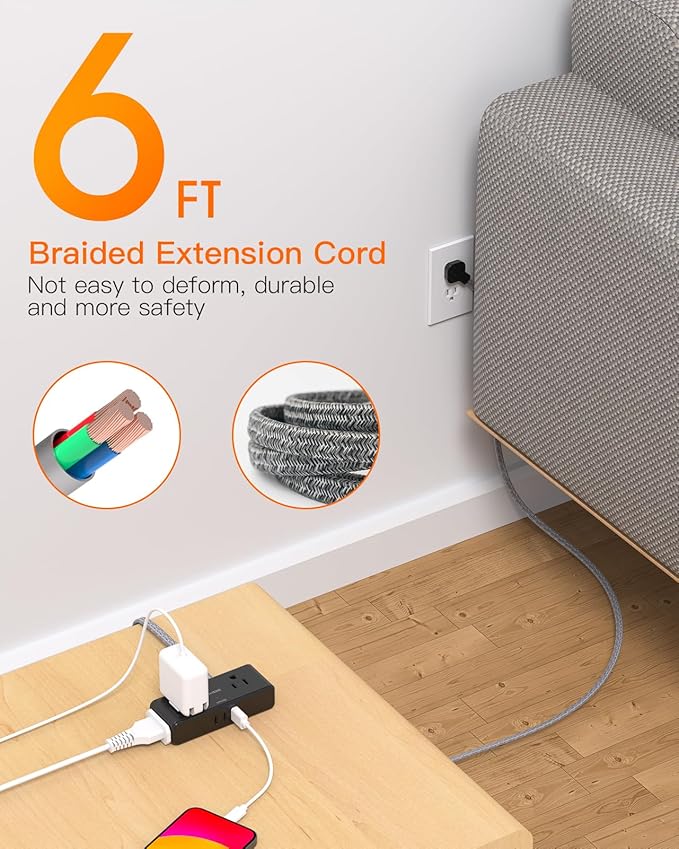 Flat Extension Cord 6 feet, BESHON Flat Plug Power Strip, 4 Widely Outlets with 3 USB Ports (2 USB C), Extension Cord with Multiple Outlets for Home, Office, Dorm Room Essentials, Black