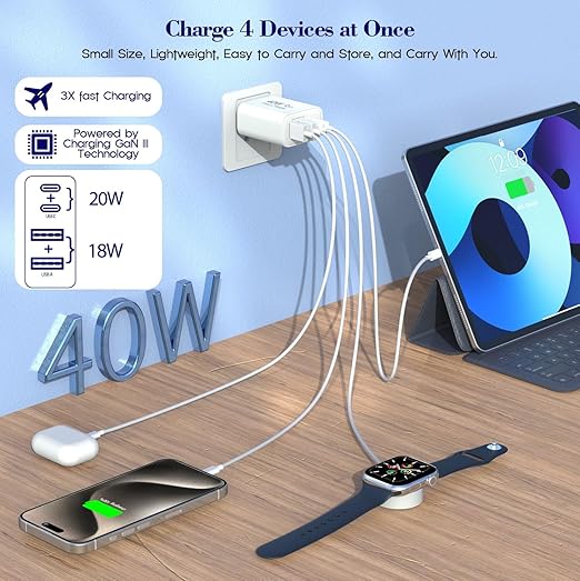 40W iPhone 17 16e 15 Charger Block Fast Charging,2Pack USB C Wall Charger,4-Port Fast USB Wall Adapter PD + QC Multiport Block Cube for iPhone 17 Air/17 Pro/Pro Max/16/16 Pro/15/14/13/12/11/Pro Max/XS