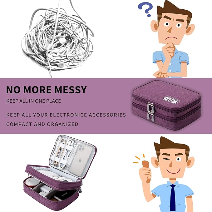 mygreen Electronics Travel Organizer Storage Bag, Double Layer Universal Traveling Gear Accessories Carrying Cover Pouch for iPad Mini Cables Phone Chargers Adapter Flash Hard Drive and More Purple
