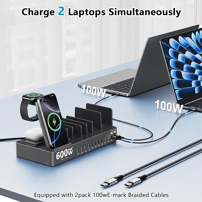 600w Charging Station for Multiple Devices, 15 in 1 Wireless Charger with 2pack 100w USB C Charger Cable, Dual 100w USB C Tablet Charging Station for MacBook,iPhone,iPad,Tablet(Black)