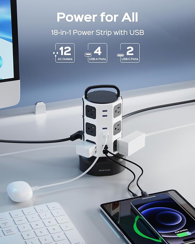 Power Strip Tower Surge Protector, JACKYLED 1625W 13A Outlet Surge Electric Tower, 12 Outlets 6 USB Ports Charging Station with 16AWG 15ft Heavy Duty Extension Cord for Home Office Dorm