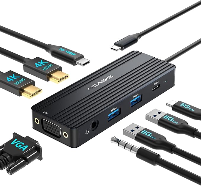 ACASIS USB C Docking Station Dual Monitors,8-in-1 Laptop Docking Station with Dual Monitor 2*HDMI +VGA +3 * 5G USB-A/C+3.5MM Audio+PD100W, Laptop Dock for Dell/HP/Lenovo ThinkPad（Black）