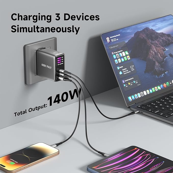 140W MAX USB C Charger | 3-Port Fast Charging Station (2xUSB-C PD3.1 + USB-A QC3.0) | Intuitive Touch Controls, for for MacBook, iPhone 17/16 Series, Samsung Galaxy, Pixel and More
