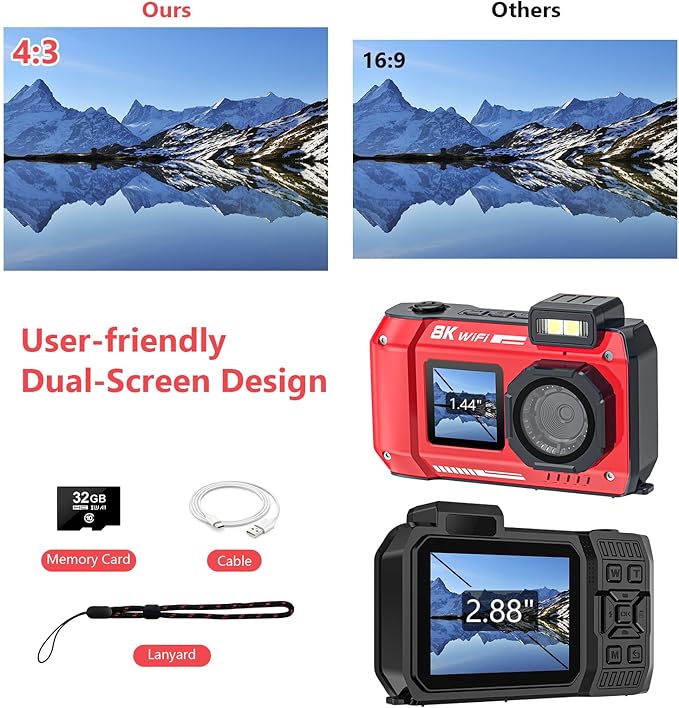 UHD 8K Underwater Camera, 70MP 33FT WiFi Waterproof Digital Camera with 64GB Card, Auto Focus Waterproof Dual-Screen Selfie 2500mAh Battery, 16X Floatable Digital for Snorkeling, Red