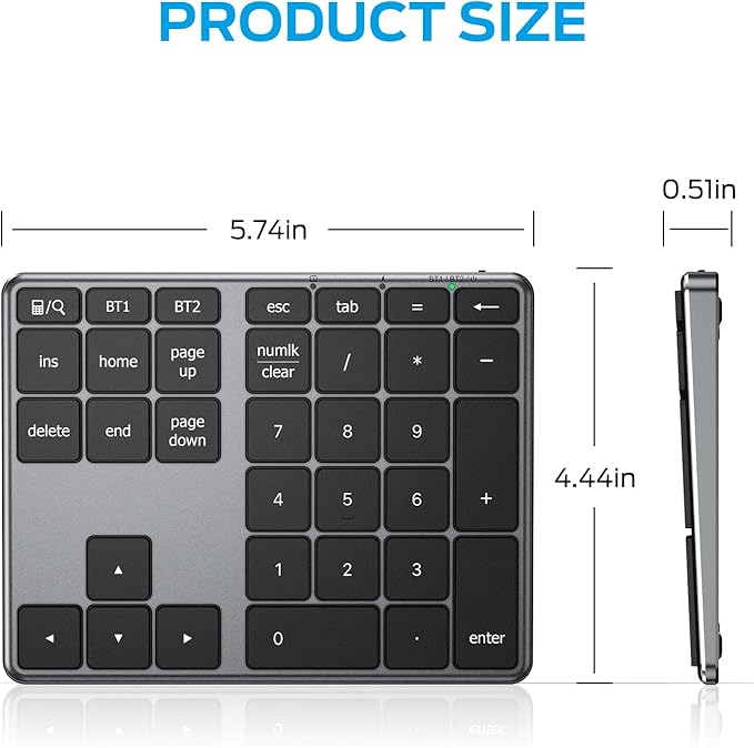 iClever Number Pad, Aluminum Wireless Number Pad for Multi Devices, USB-C Rechargeable, External 34-Keys Bluetooth Keyboard for Data Entry, Compatible for Laptop, Mac, iMac, Tablet, PC Desktop