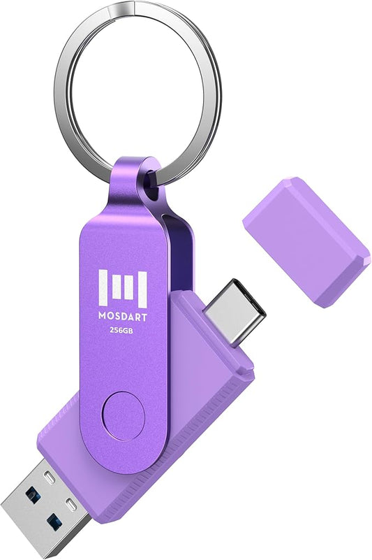 MOSDART 256GB USB3.1 Fast Speed C and A Dual Flash Drive, exFAT Memory Stick with Keychain and LED Indicator, for iPhone 15 and 16, Android Phone, iPad, MacBook, and Other Laptops, Purple