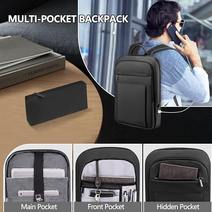 Backpack for Men Women Lightweight Business Laptop Backpack for 15.6 Inch Computer Bag Slim Anti-Theft Backpack for Commuting Work Office College Travel (with a Small Bag) Black